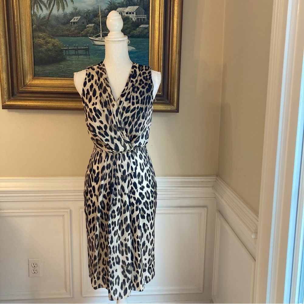 L’AGENCE Neutral Tan Taupe Black Animal Print Silky VNeck Sleeveless Dress - Picture 11 of 12